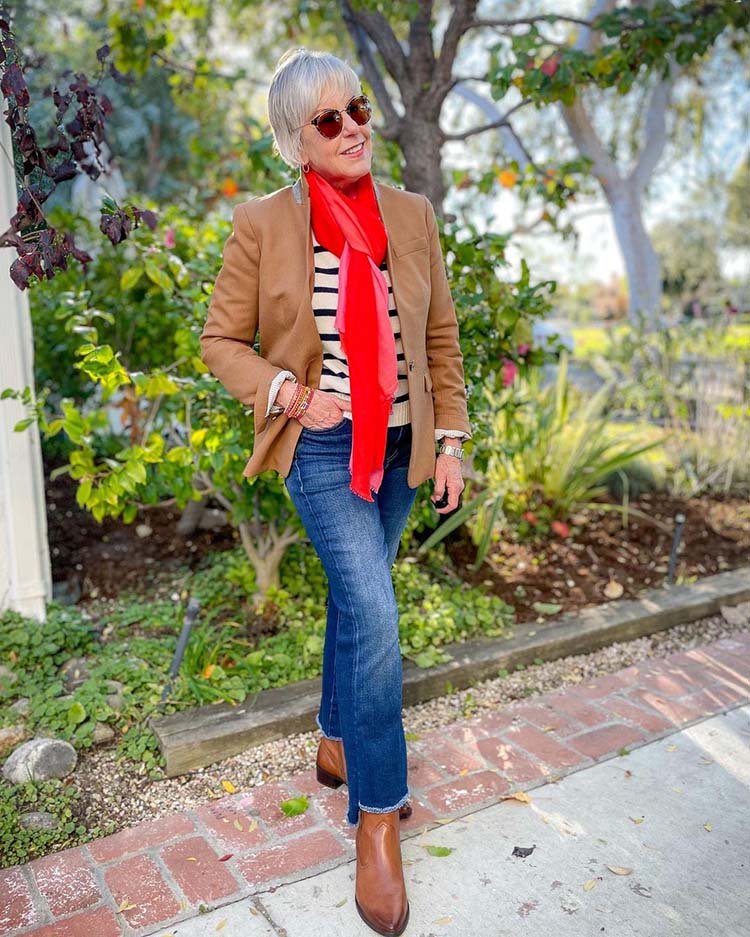 Susan fall outfit - sweater, blazer, jeans, booties and scarf | 40plusstyle.com
