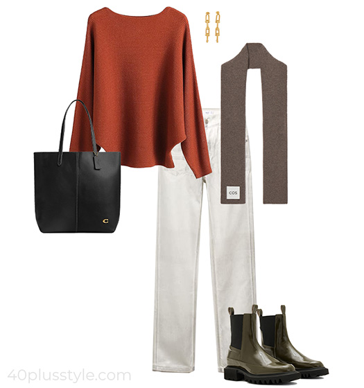 Fall outfit: sweater, metallic, jeans, boots, tote and scarf | 40plusstyle.com