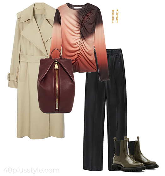 Fall outfit: trench coat, long sleeve top, wide pants and boots | 40plusstyle.com