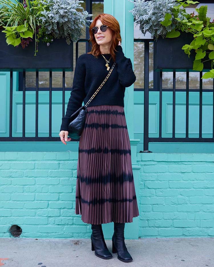 How to wear dresses in winter - Cathy wears a sweater over her dress | 40plusstyle.com