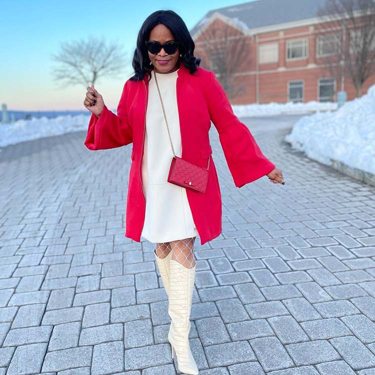 Eugenia wears a red and cream outfit | 40plusstyle.com