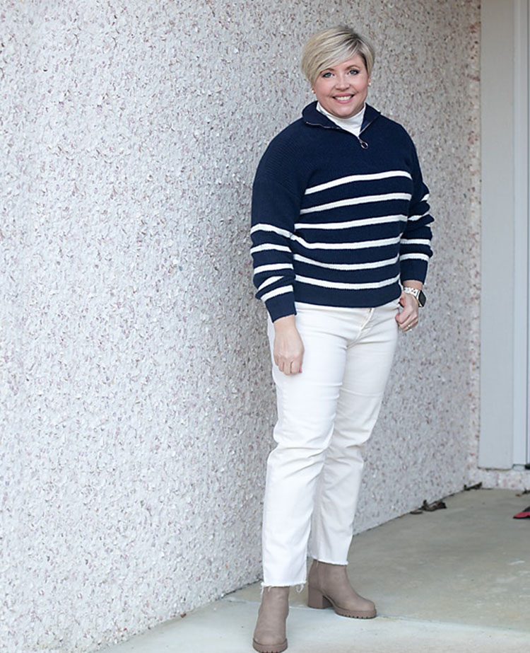 Sweaters for women: Fonda in zip sweater and jeans | 40plusstyle.com