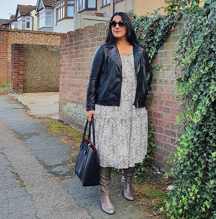 How to wear dresses in winter - Jas wears a dress and moto jacket | 40plusstyle.com