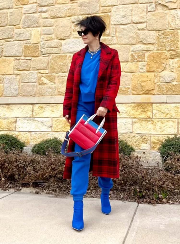 Sweaters for women: Natalie in blue and red outfit | 40plusstyle.com