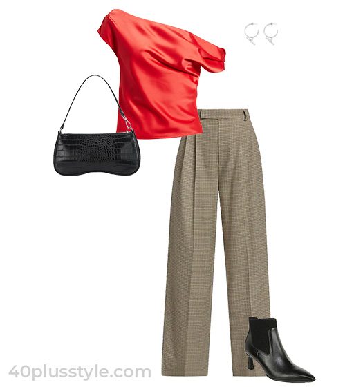 One shoulder top and wide pants | 40plusstyle.com