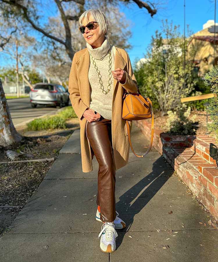 Shoes for winter - Susan wears neutrals / sneakers and leather pants | 40plusstyle.com