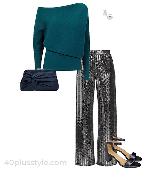 Sweater and sequined wide pants | 40plusstyle.com
