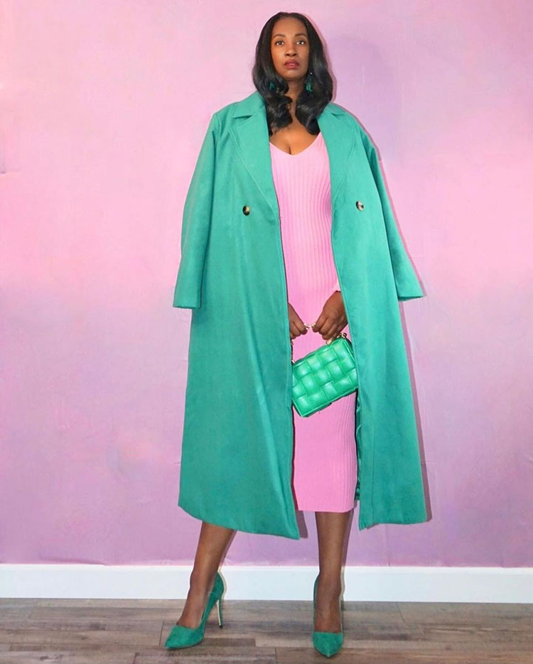 How to wear dresses in winter - Tanasha wears a green and pink outfit | 40plusstyle.com