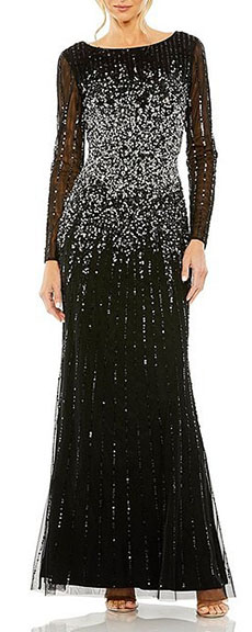 Mac Duggal Sequin Embellished Bateau Neck Long Sleeve A-Line Gown | 40plusstyle.com