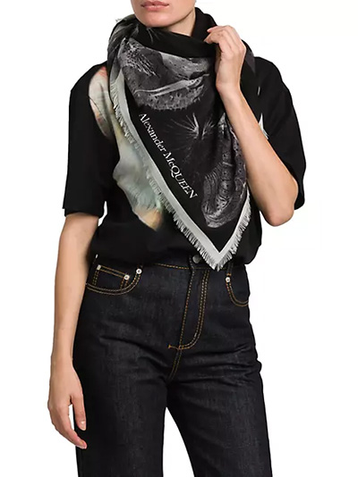How to cover up a formal outfit: Alexander McQueen Utopian Silk Twill Printed Scarf | 40plusstyle.com