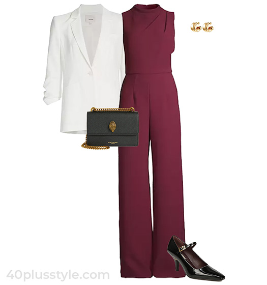 Outfits for dinner - jumpsuit and blazer | 40plusstyle.com