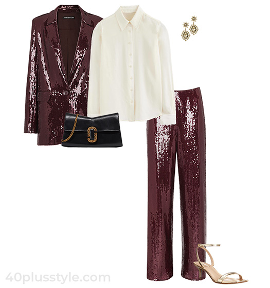 Sequin suit and silk blouse | 40plusstyle.com