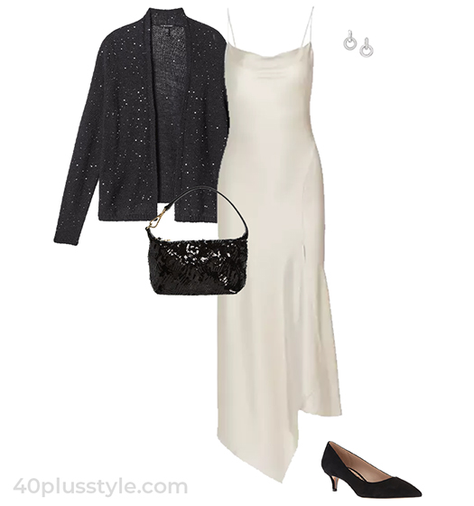 Sequin cardigan, silk dress and pumps | 40plusstyle.com