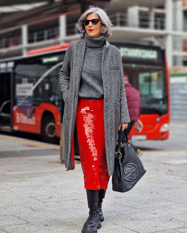 Carmen in a red sequin skirt outfit | 40plusstyle.com