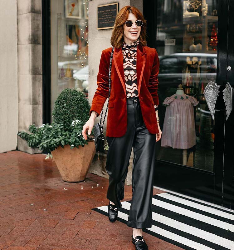 Cathy in geo print top, velvet blazer, leather pants and loafers | 40plusstyle.com
