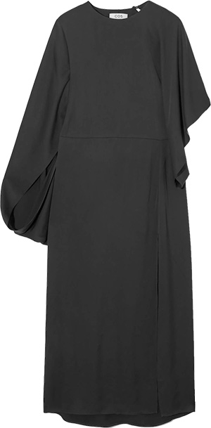 COS Asymmetric Sleeve Draped Midi Dress | 40plusstyle.com
