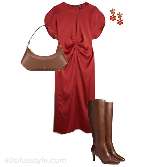Satin midi dress and high boots | 40plusstyle.com