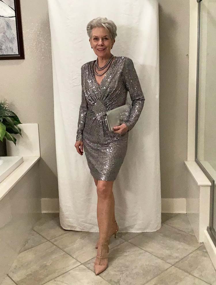 Eileen wears a silver sequin dress | 40plusstyle.com