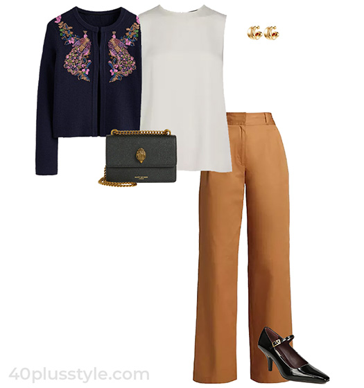 Outfits for dinner - an embellished jacket and wide leg pants | 40plusstyle.com