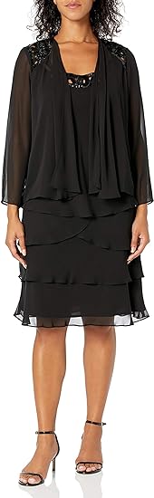 Dresses to hide your tummy: S.L. Fashions Embellished Tiered Jacket Dress | 40plusstyle.com