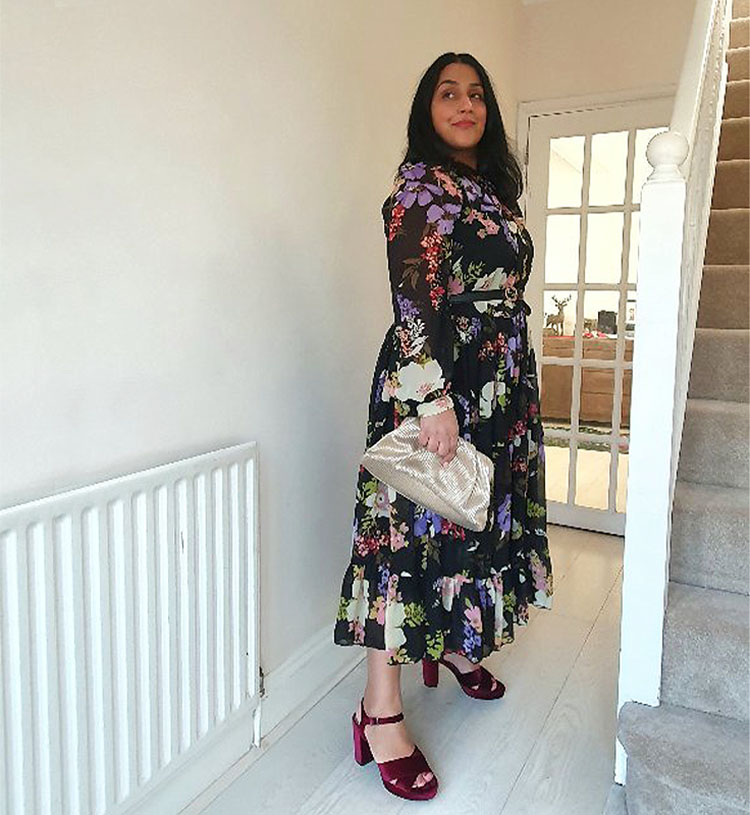 Jas in floral midi dress, heeled sandals and clutch | 40plusstyle.com