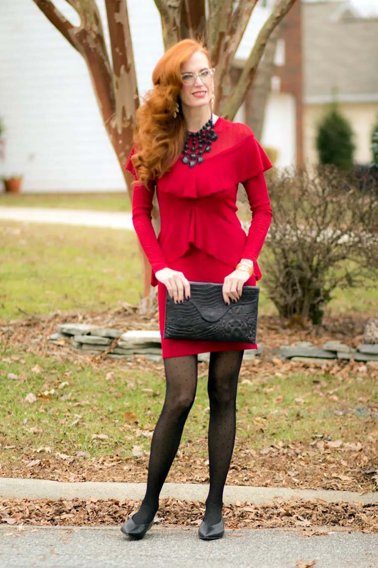 Jess in red dress, tights and pumps | 40plusstyle.com