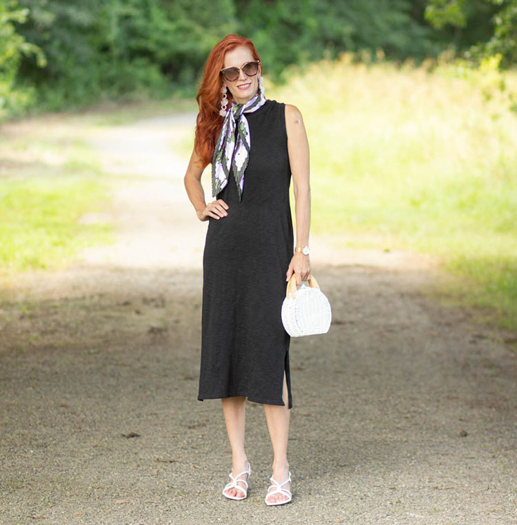 Jess in midi dress, sandals and scarf | 40plusstyle.com