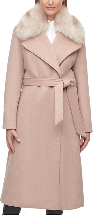 How to cover up a formal outfit: Karl Lagerfeld Paris Luxe Belted Coat with Removable Faux Fur Collar | 40plusstyle.com