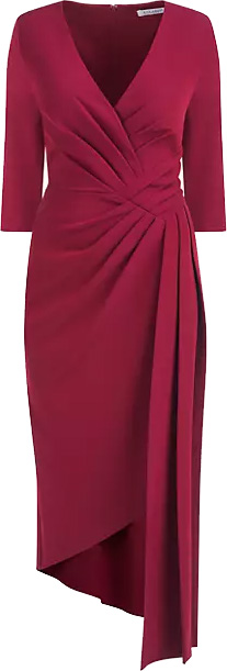 Dresses to hide your tummy: Kay Unger Leena Draped Midi-Dress | 40plusstyle.com