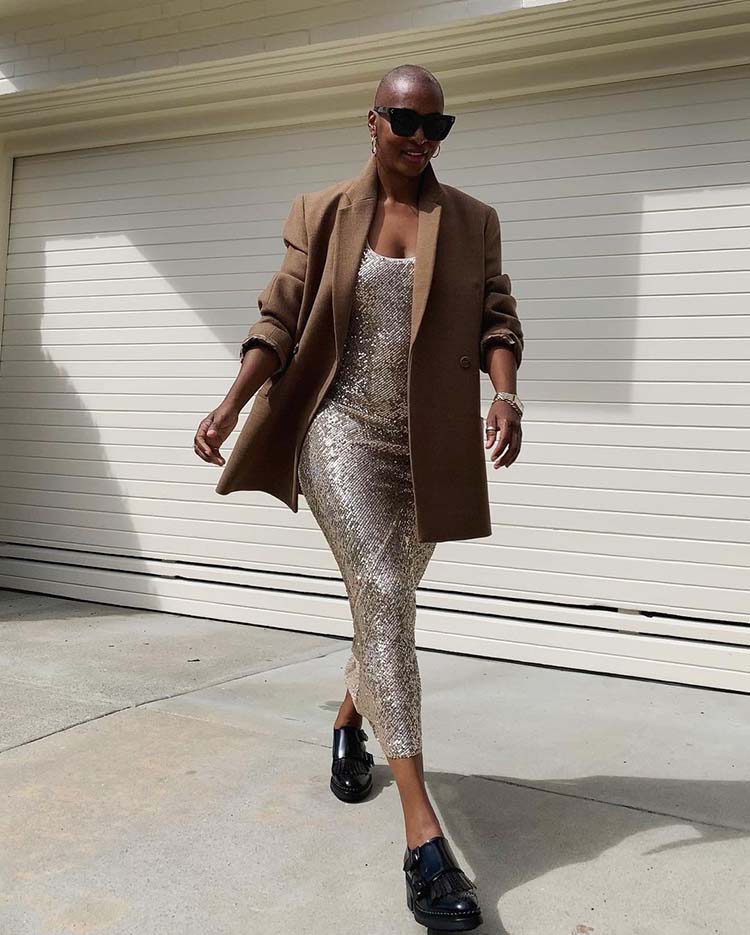 Kim in silver dress, blazer and loafers | 40plusstyle.com