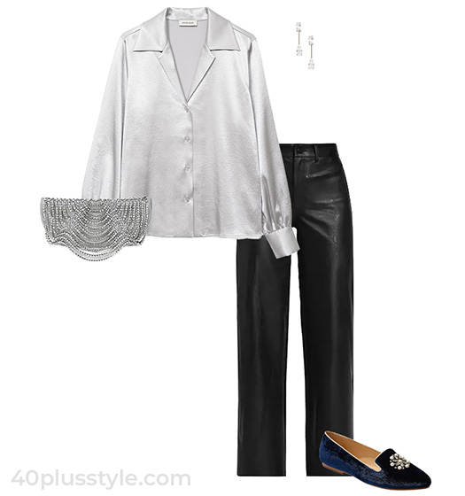 Silver blouse and leather pants | 40plusstyle.com