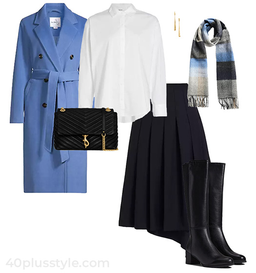 Long coat and asymmetric skirt outfit | 40plusstyle.com