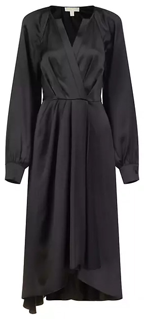 Perfect little black dress: MICHAEL Michael Kors Satin Faux-Wrap Midi Dress | 40plusstyle.com