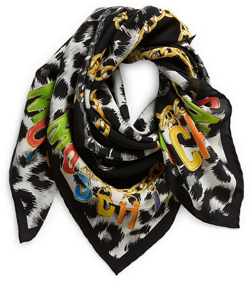 Best designer scarves for women: Moschino Leopard Chain Print Square Silk Scarf | 40plusstyle.com