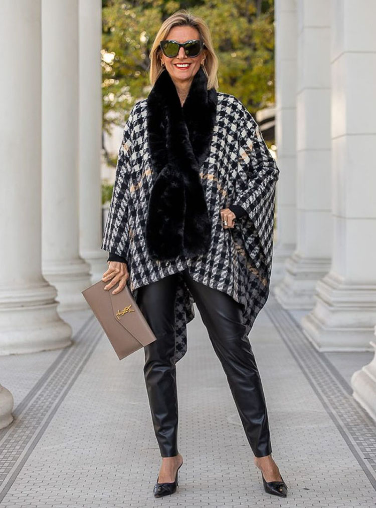 New Year's Eve outfits: Nora in leather pants, fur scarf and wrap | 40plusstyle.com