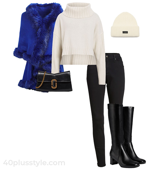 Outfit with a faux fur wrap | 40plusstyle.com