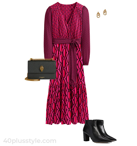 Print dress and boots outfit | 40plusstyle.com