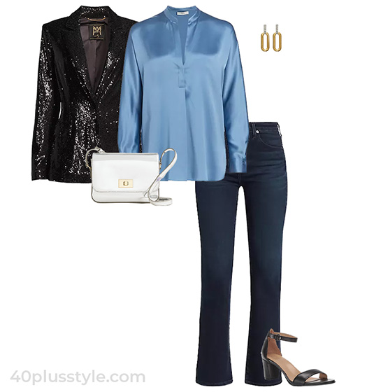 Sequin blazer, jeans and heeled sandals | 40plusstyle.com