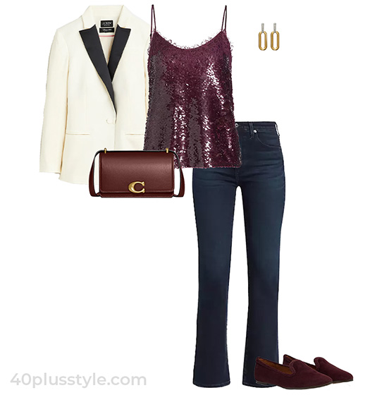Sequin camisole, tuxedo blazer, jeans and loafers | 40plusstyle.com