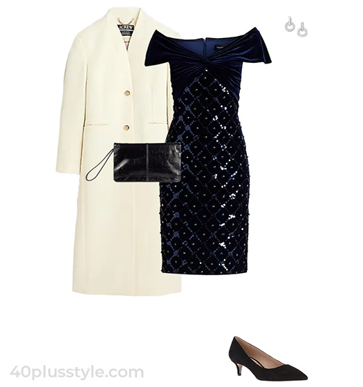 Sequin cocktail dress, coat and pumps | 40plusstyle.com