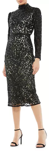 Perfect little black dress:  Mac Duggal Sequined Long-Sleeve Sheath Dress | 40plusstyle.com