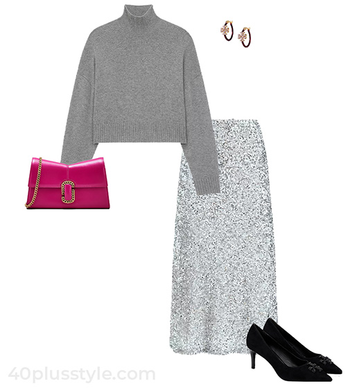 Sweater and sequin skirt outfit | 40plusstyle.com