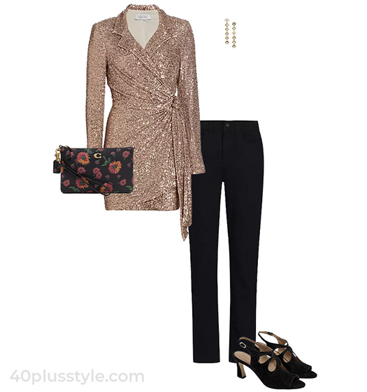 Thanksgiving outfits - jeans and a sequin top | 40plusstyle.com