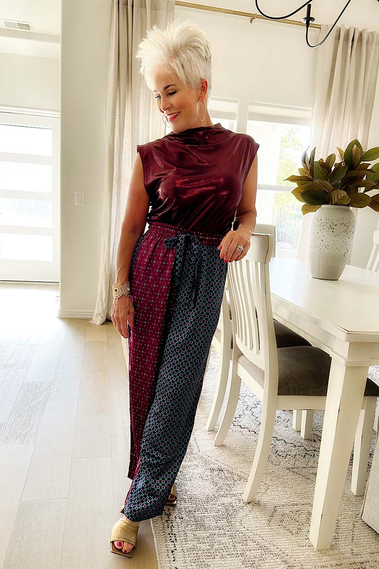 Shauna in satin top and printed wide pants | 40plusstyle.com