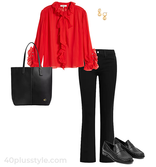 What to wear on Christmas Day - sheer blouse and jeans | 40plusstyle.com