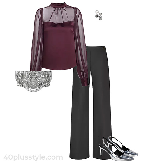 Outfits for dinner - sheer blouse and wide leg pants | 40plusstyle.com