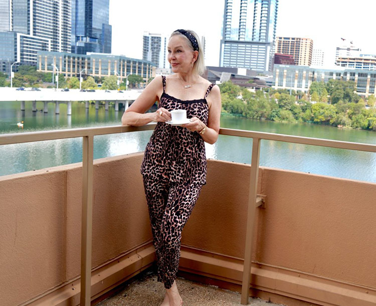 Sheree wears leopard print pajamas | 40plusstyle.com