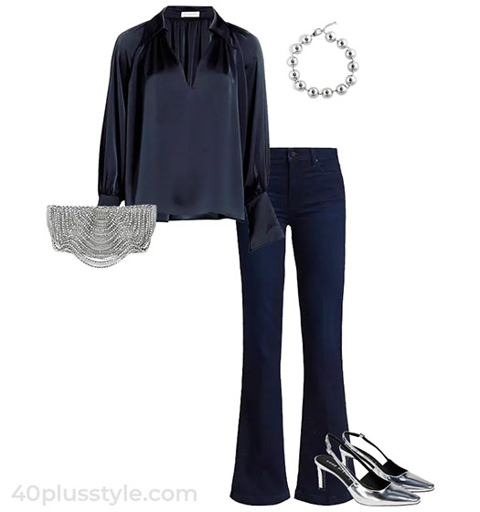 Satin shirt outfit for dinner | 40plusstyle.com