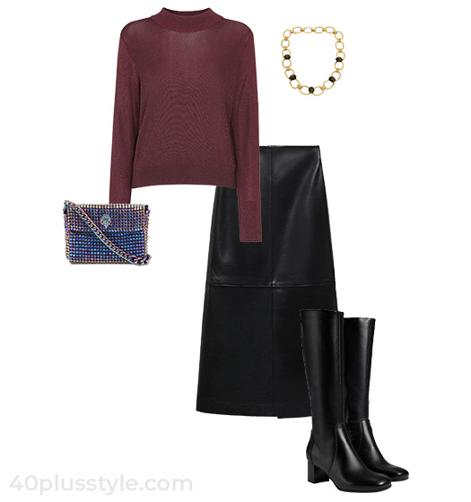 Sparkly sweater and leather skirt | 40plusstyle.com