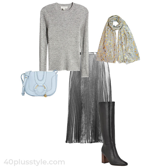 Metallic skirt and knitwear outfit | 40plusstyle.com